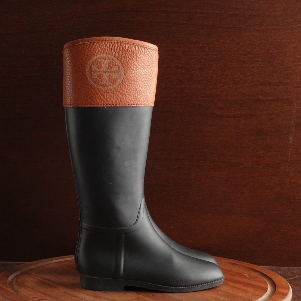 Tory Burch Rain Boots WMS SZ 7 BLK Brown Diana Rubber Leather Riding Equestrian